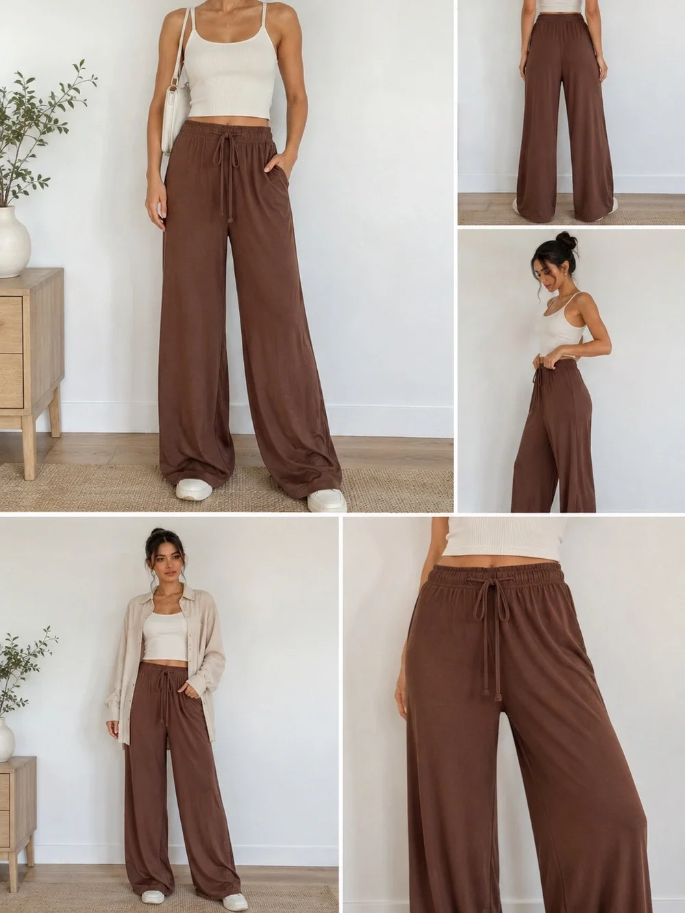 Brown Wide Leg Lounge Pants XS Soft Minimalist Drawstring Pants - Picture 2 of 5